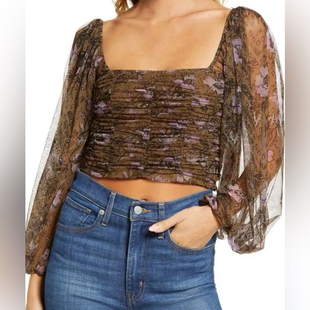 Free People Olive Green & Purple Floral Lilia Ruched Mesh Crop Top